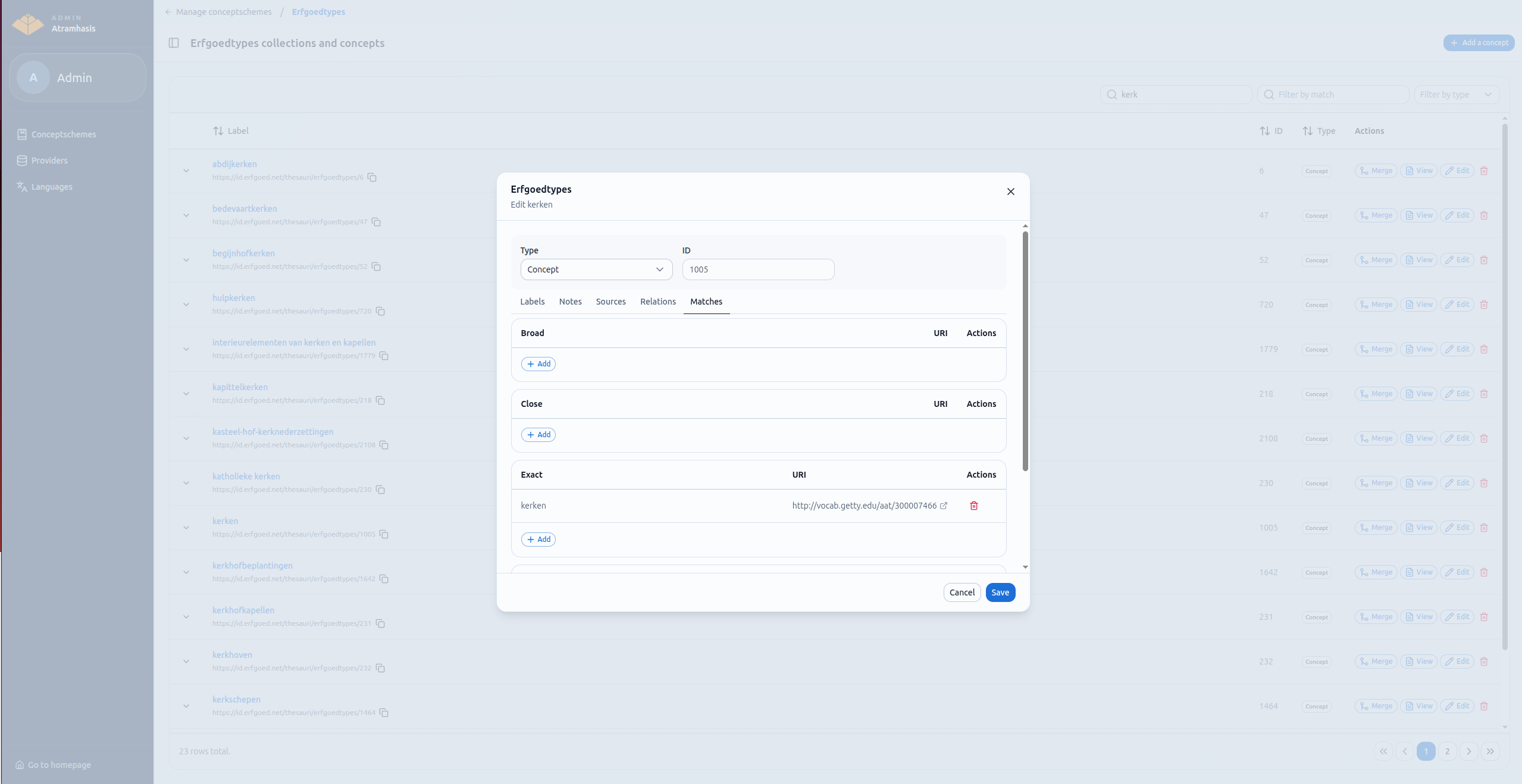 The matches tab on a concept
