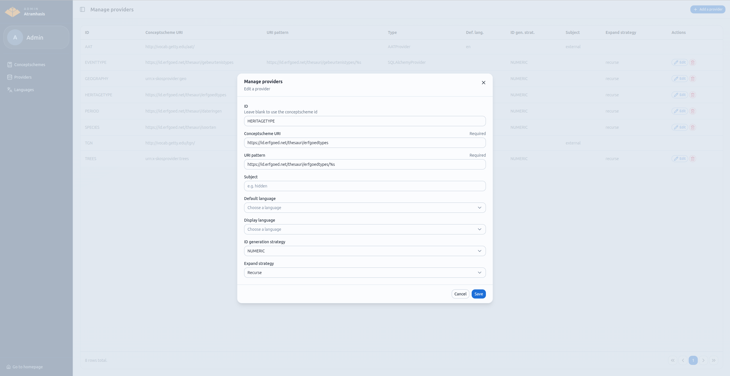 Editing a provider in the Atramhasis admin interface